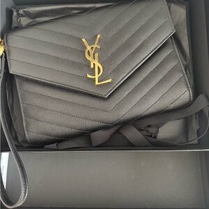 Yves Saint Laurent Black Chevron Leather Wristlet